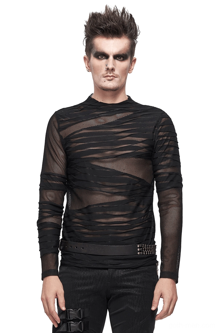 Male model wearing black sheer gothic mesh long sleeve top with asymmetric striped overlay, front view, gothic punk fashion