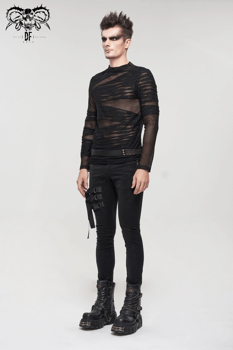 Full garment view of black sheer mesh gothic long sleeve top in fitted silhouette