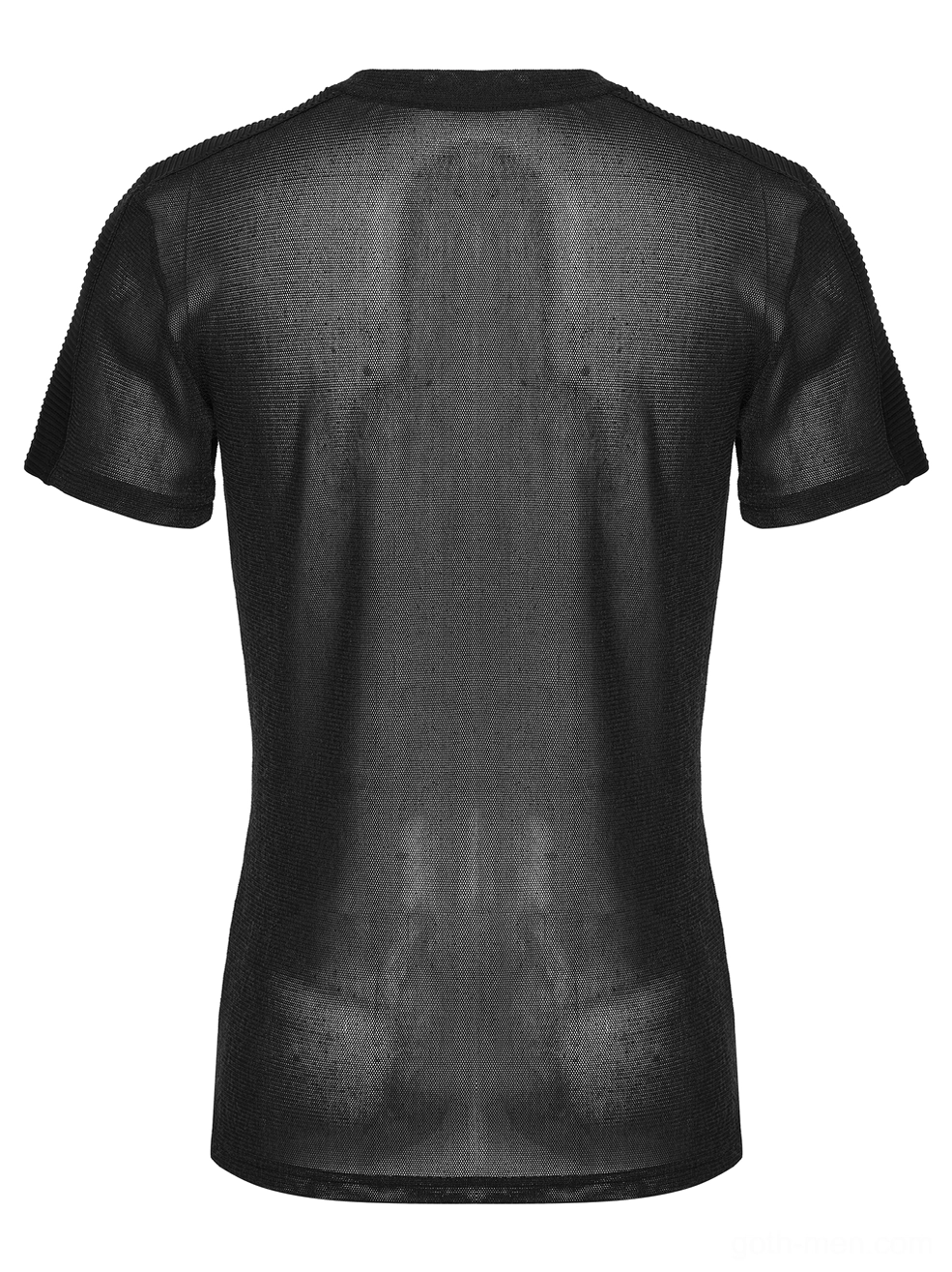 Black sheer mesh gothic t-shirt rear flat lay view showcasing slim fit sheer mesh silhouette
