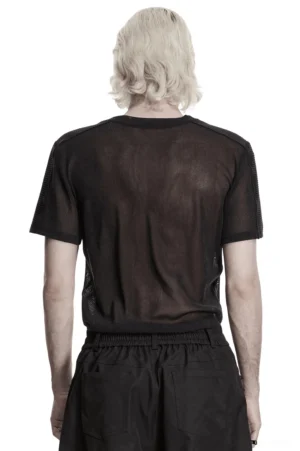 Black sheer mesh gothic t-shirt with ribbed shoulder panels - back view on male model