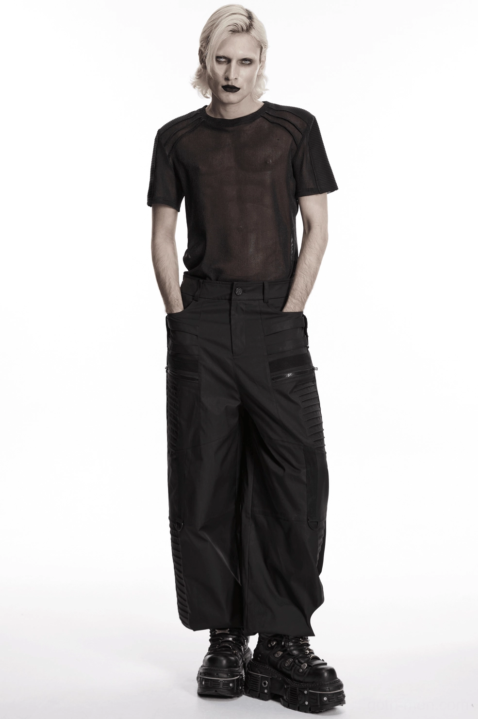 Black sheer mesh gothic t-shirt detailed view of mesh fabric weave and panel contrast