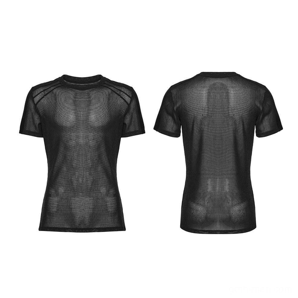 Black sheer mesh gothic t-shirt flat lay front and back view showing ribbed shoulder panels