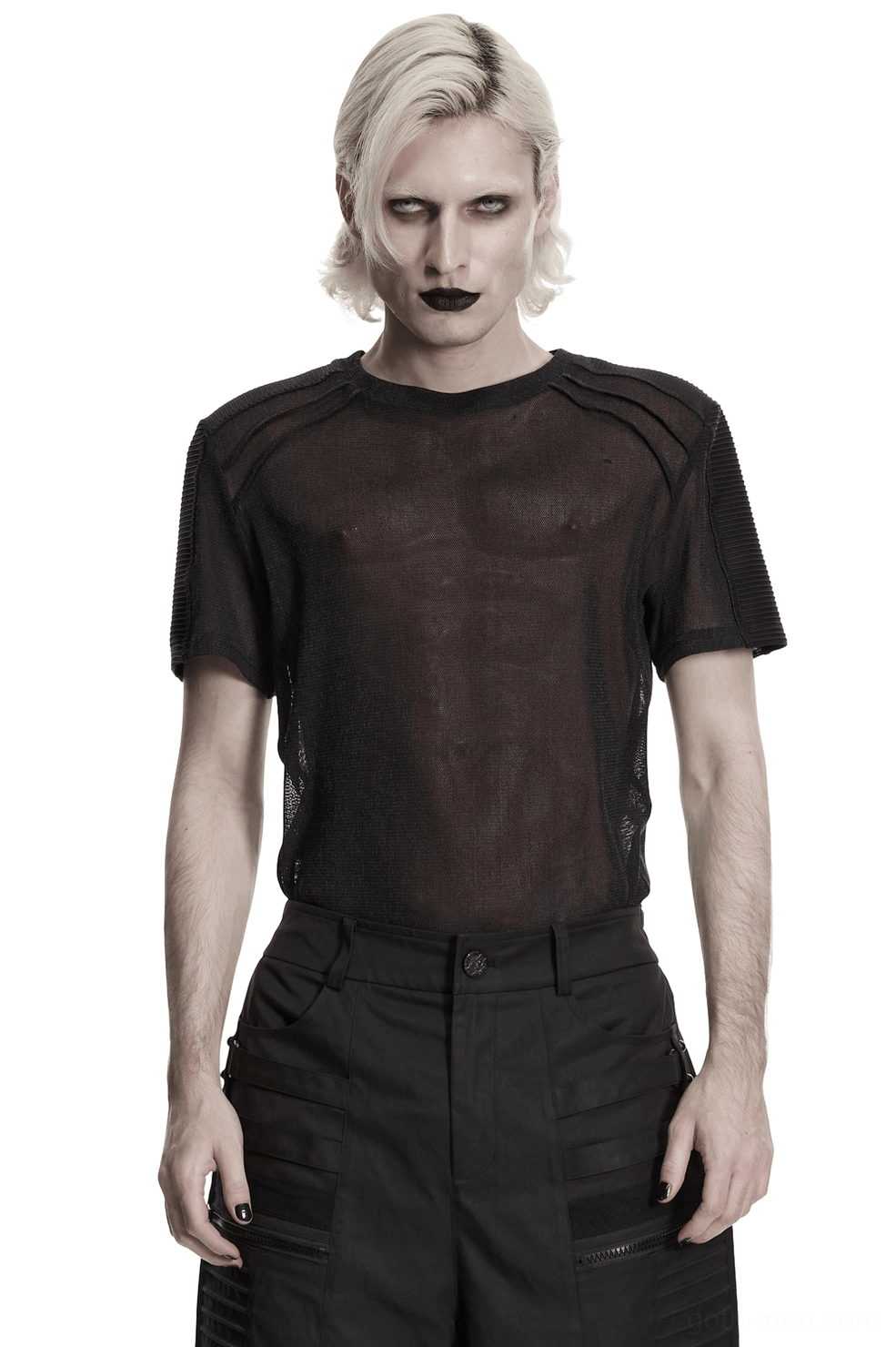 Black sheer mesh gothic t-shirt with ribbed shoulder panels - front view on male model