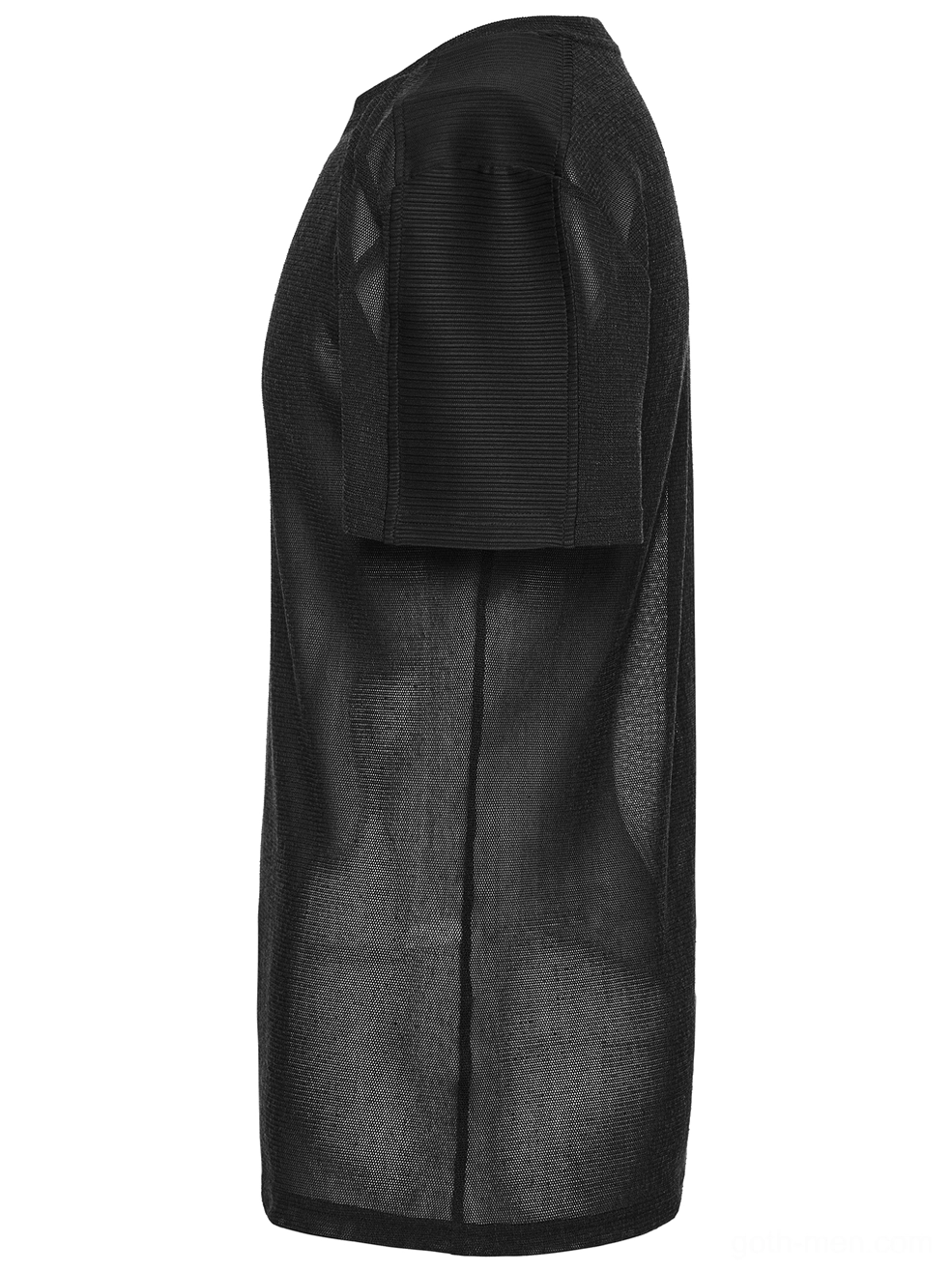 Black sheer mesh gothic t-shirt side hanging display showing ribbed shoulder panel construction