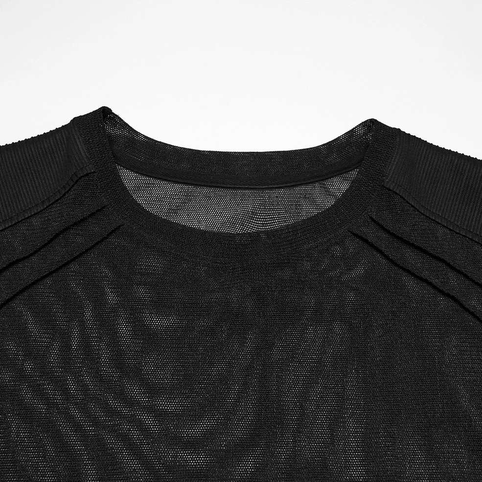 Black sheer mesh gothic t-shirt close-up of crew neck and ribbed shoulder panel texture detail