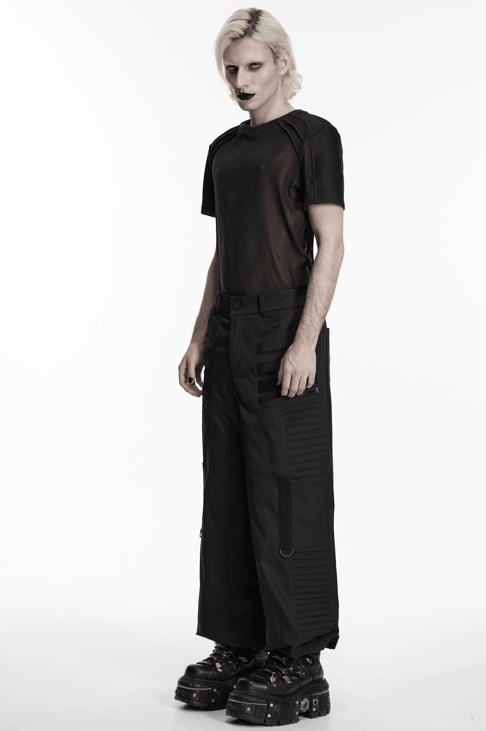 Black sheer mesh gothic t-shirt full product overview with visible mesh transparency and ribbed panels