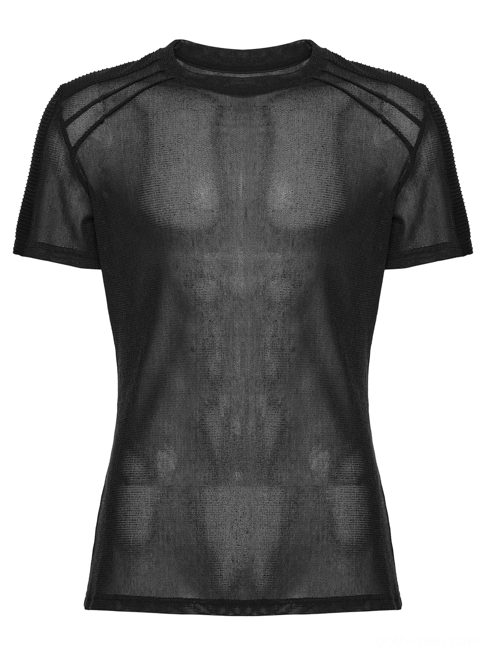 Black sheer mesh gothic t-shirt front flat lay close-up of shoulder stripe panel details