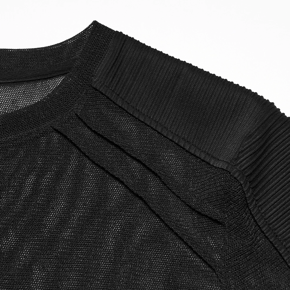 Black sheer mesh gothic t-shirt close-up of upper shoulder ribbed panel textile construction
