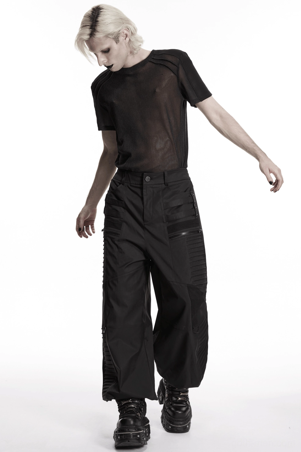 Black sheer mesh gothic t-shirt alternative angle showing fitted silhouette and shoulder architecture