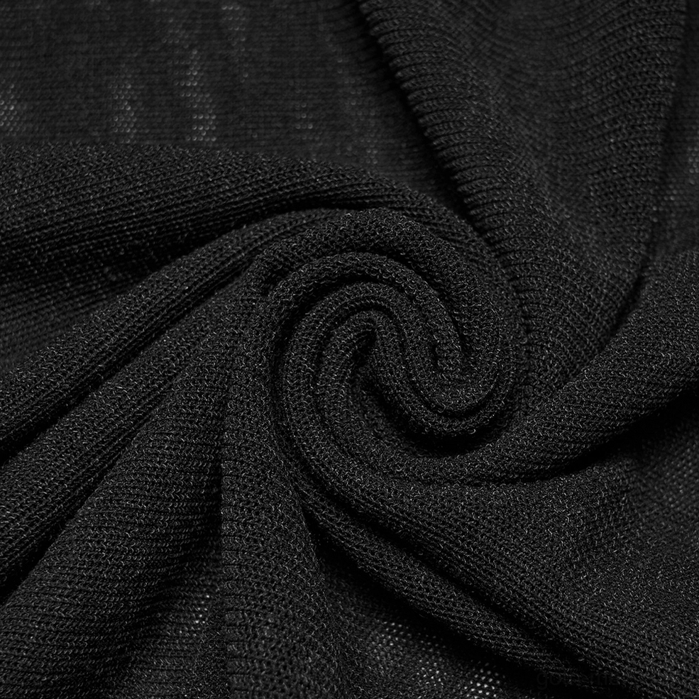 Black sheer mesh gothic t-shirt detailed view of sleeve and shoulder construction elements