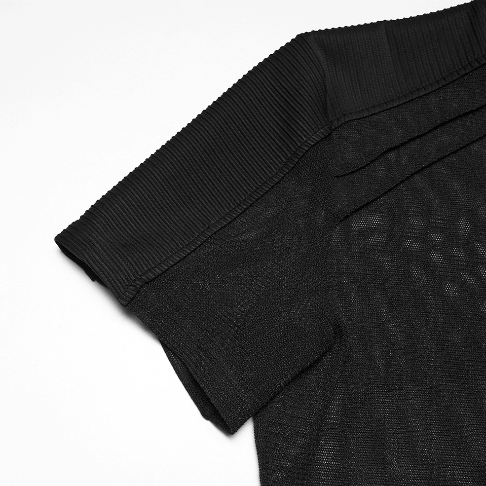 Black sheer mesh gothic t-shirt close-up of short sleeve and ribbed shoulder panel design