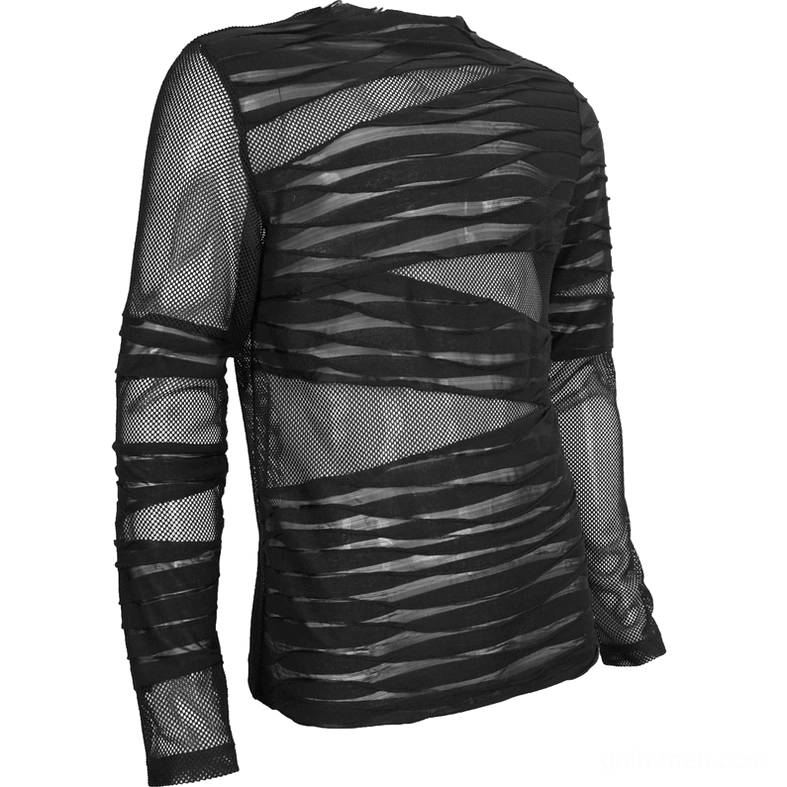 Rear angled flat lay of black sheer gothic mesh top showing asymmetric striped mesh design