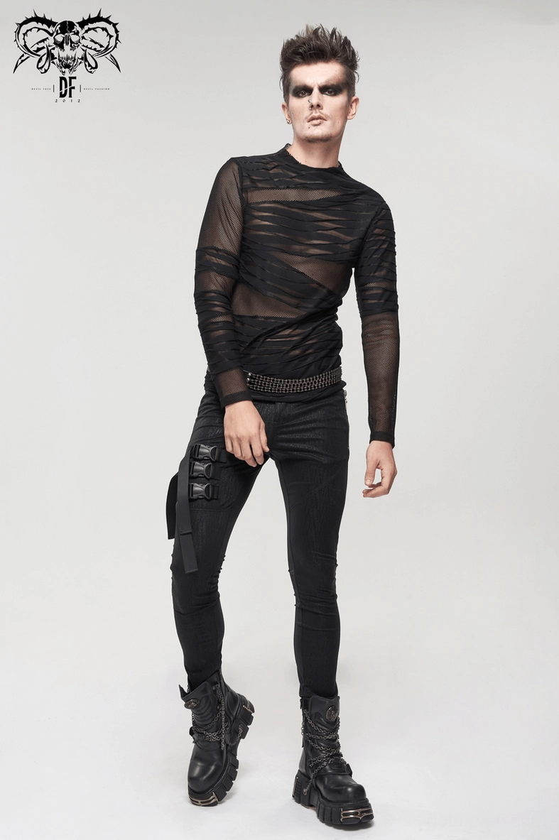 Sheer black mesh gothic long sleeve top worn view showcasing transparent overlay design