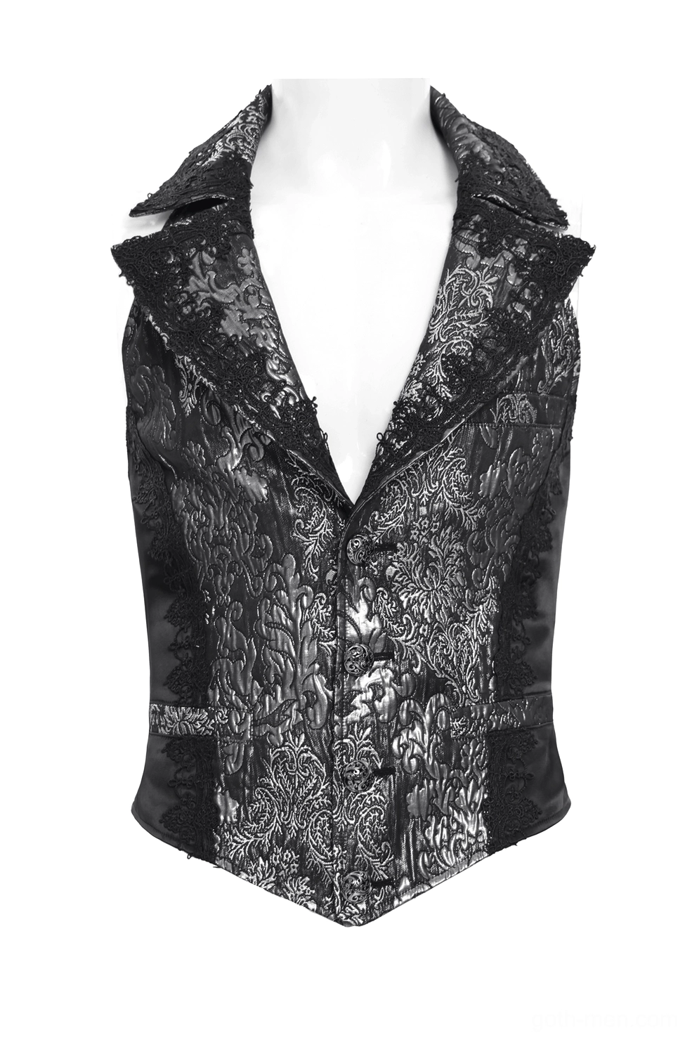 Black silver gothic brocade waistcoat front buttoned display notched lapel with damask jacquard pattern
