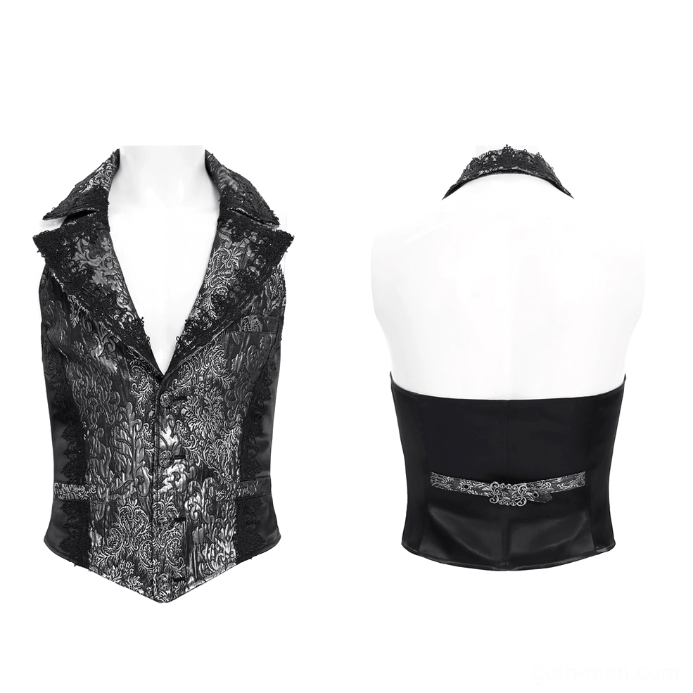 Black silver jacquard gothic waistcoat front and back display on dress form with notched lapel and satin back