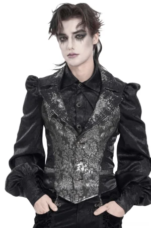 Black silver jacquard gothic waistcoat with lace lapels front view on male model with puffed long sleeves