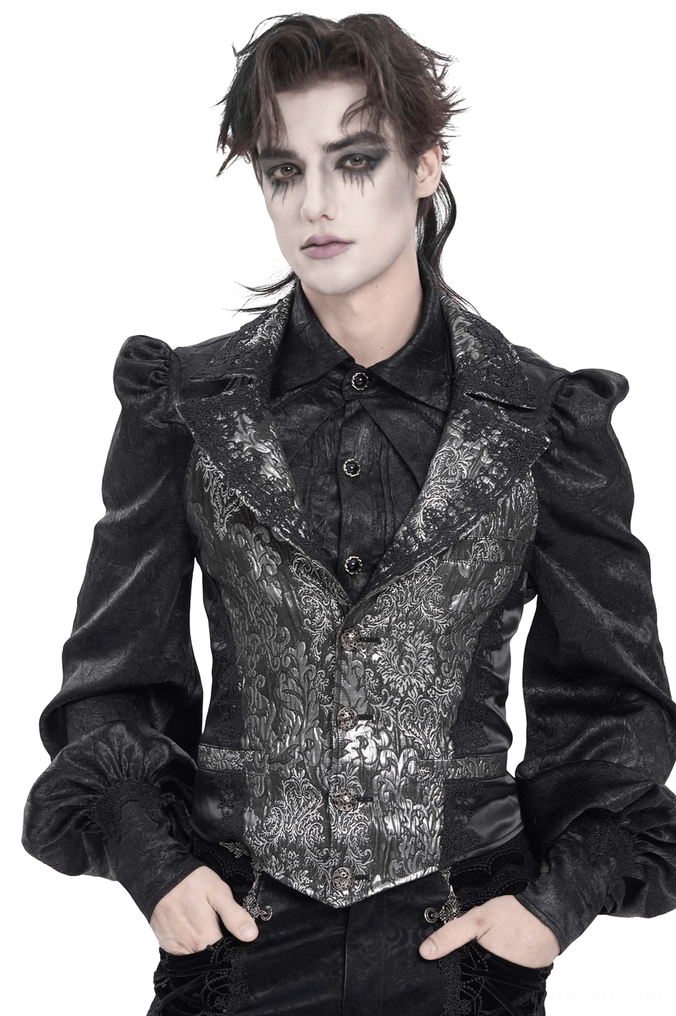 Black silver jacquard gothic waistcoat with lace lapels front view on male model with puffed long sleeves
