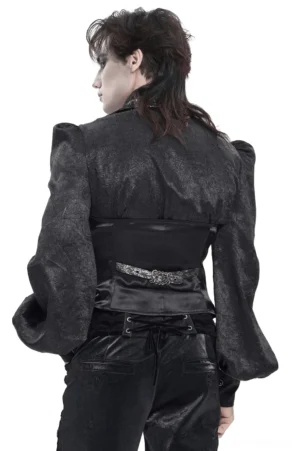 Black silver gothic brocade waistcoat rear view with corset lace-up back panel and halter neck strap