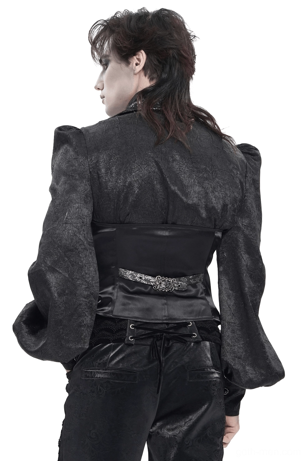 Black silver gothic brocade waistcoat rear view with corset lace-up back panel and halter neck strap