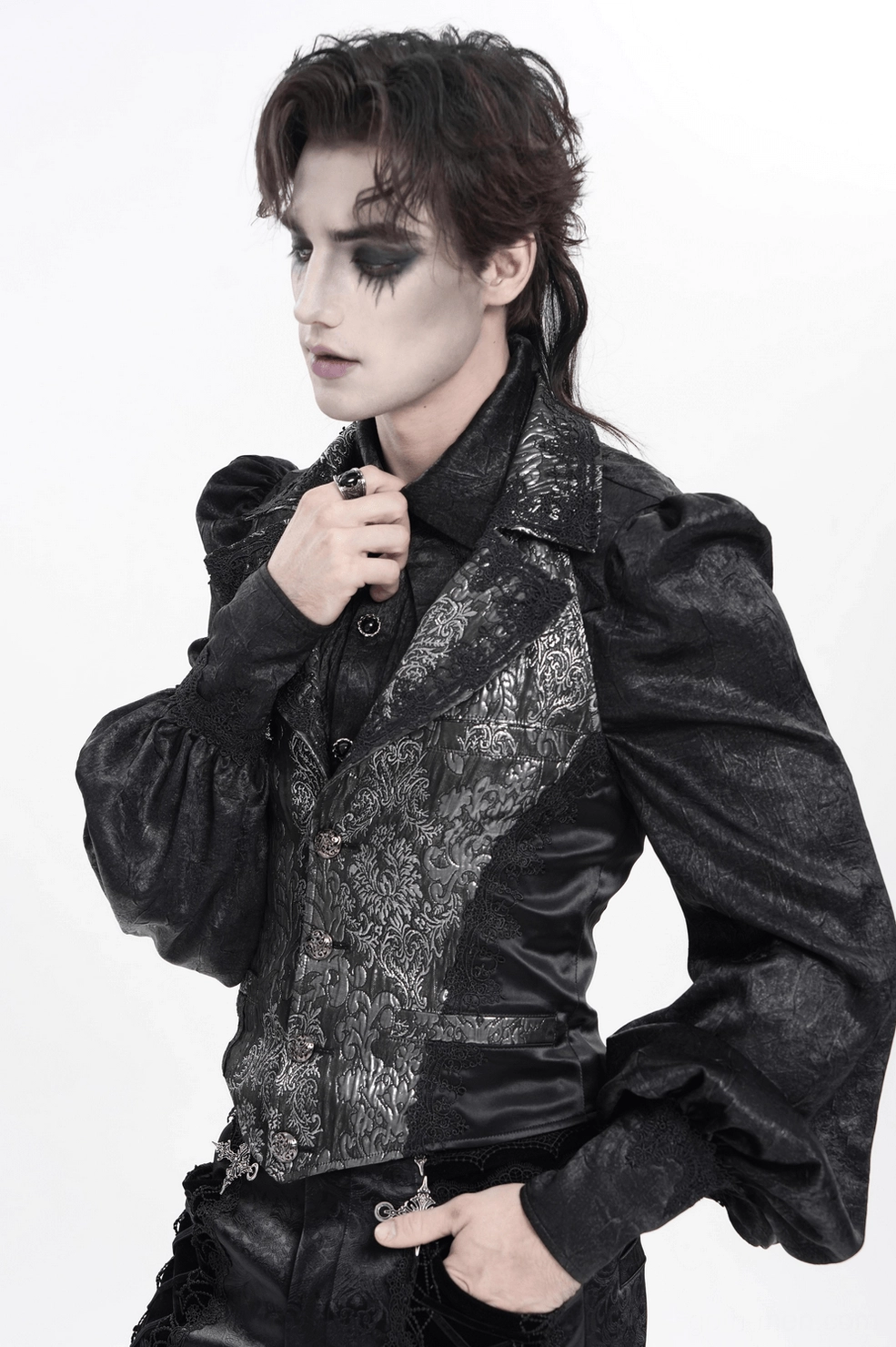 Black silver gothic waistcoat worn styling full-length outfit demonstration with dark clothing
