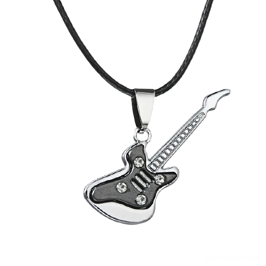 Black and silver electric guitar pendant with rhinestone inlay and rope chain flat lay
