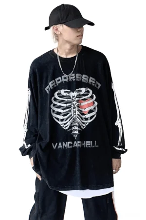 Black skeleton heart gothic sweatshirt worn by model with front three-quarter view showing ribcage print detail
