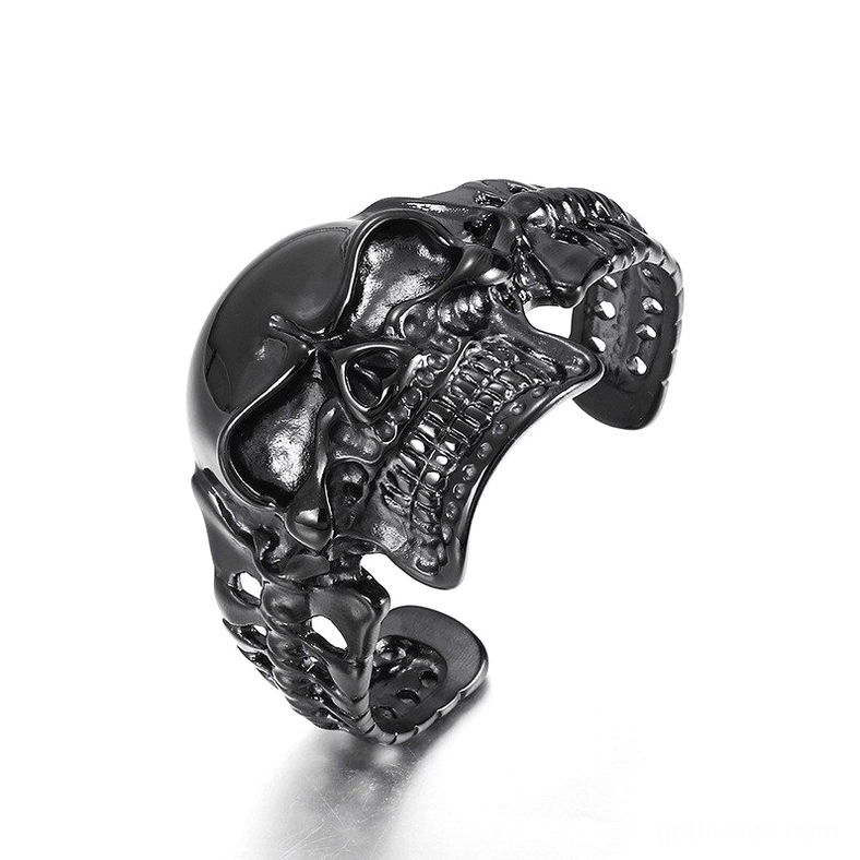 Black skull open cuff bracelet front oblique view showcasing detailed 3D carved skull design in stainless steel