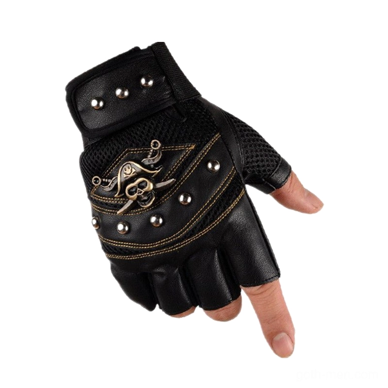 Black gothic half-finger gloves with mesh panel, studded wrist strap, and reinforced leather construction side-front view