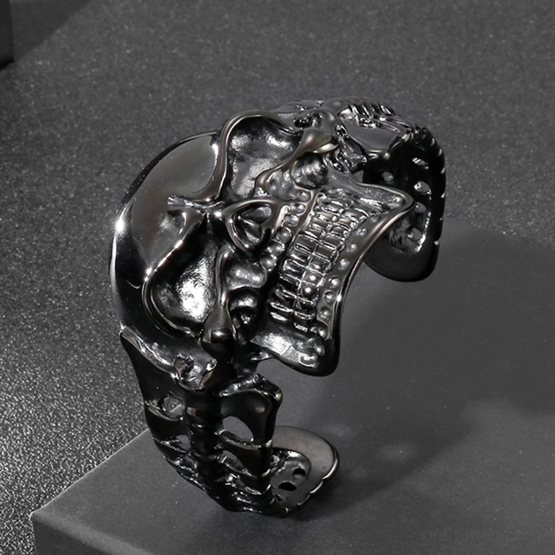 Black skull stainless steel gothic bracelet hero shot perfect for alternative fashion and biker style