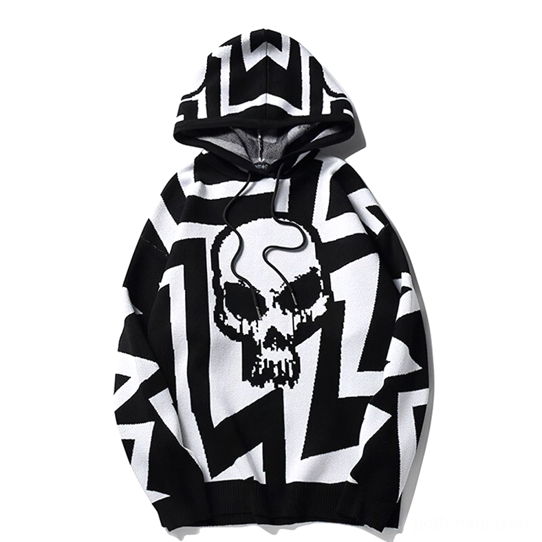 Black skull graphic hoodie front flat lay - dark aesthetic knit texture with drawstring and large skull print