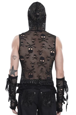 Black skull mesh hooded sleeveless gothic tank top back view on male model, displaying complete all-over skull pattern print and sheer mesh construction