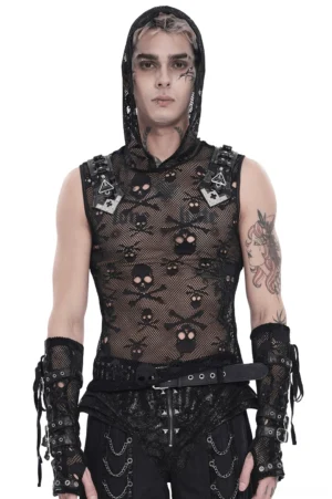 Black skull mesh hooded sleeveless gothic tank top front view worn by male model with tattoos, showcasing all-over skull and crossbones pattern with studded shoulder hardware
