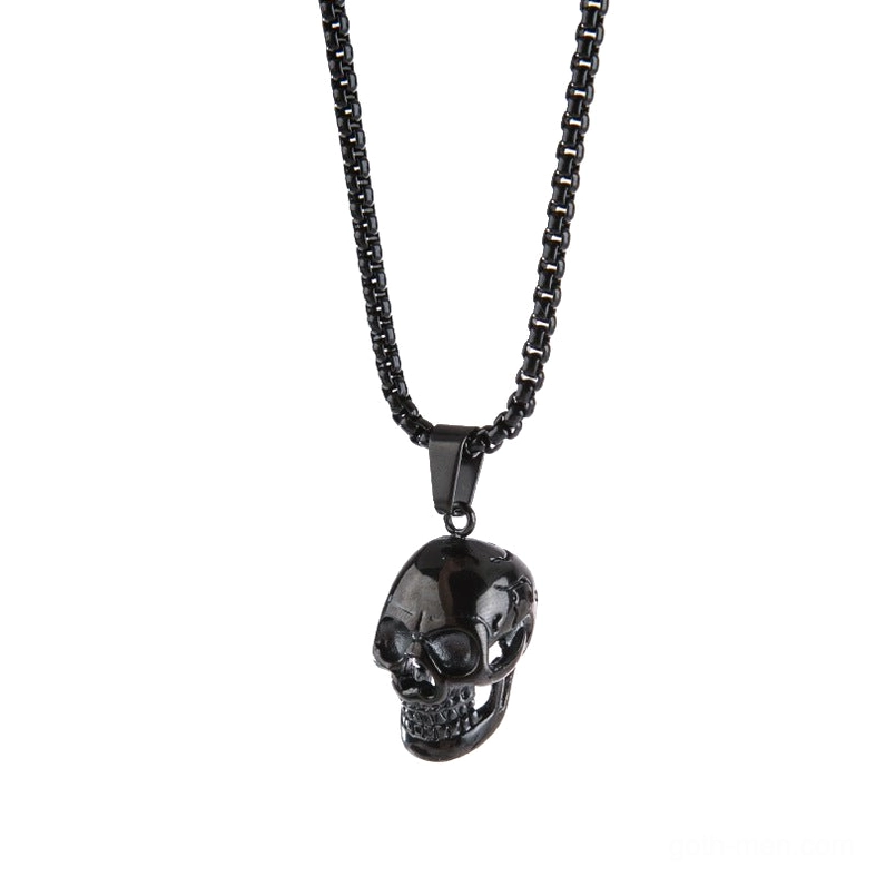Black stainless steel skull pendant necklace with polished finish and O-chain, front view isolated on white