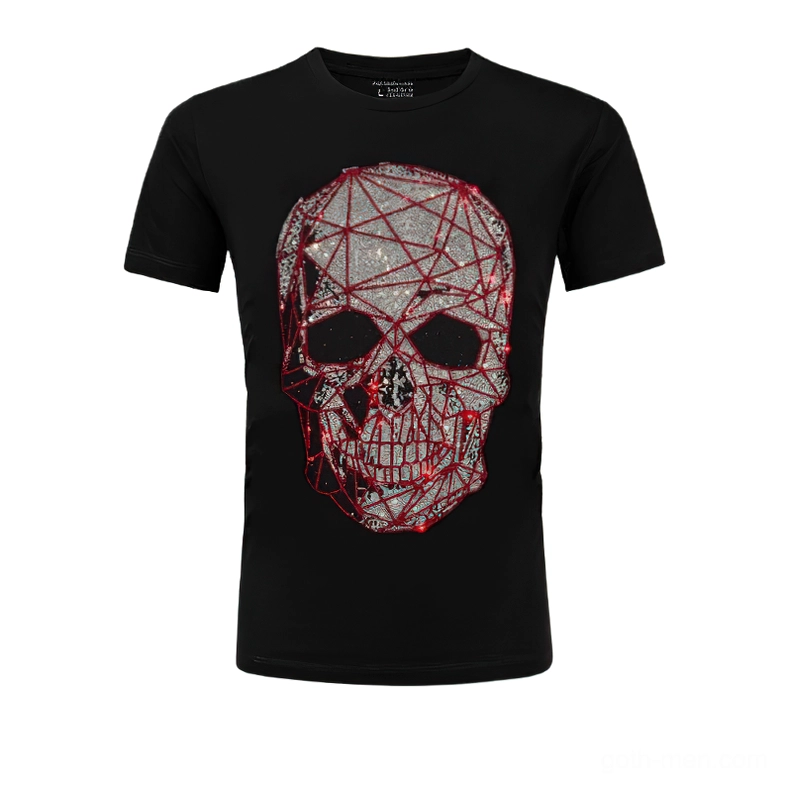 Black geometric skull rhinestone t-shirt front flat lay, darkwave gothic design with red and silver crystal appliqué