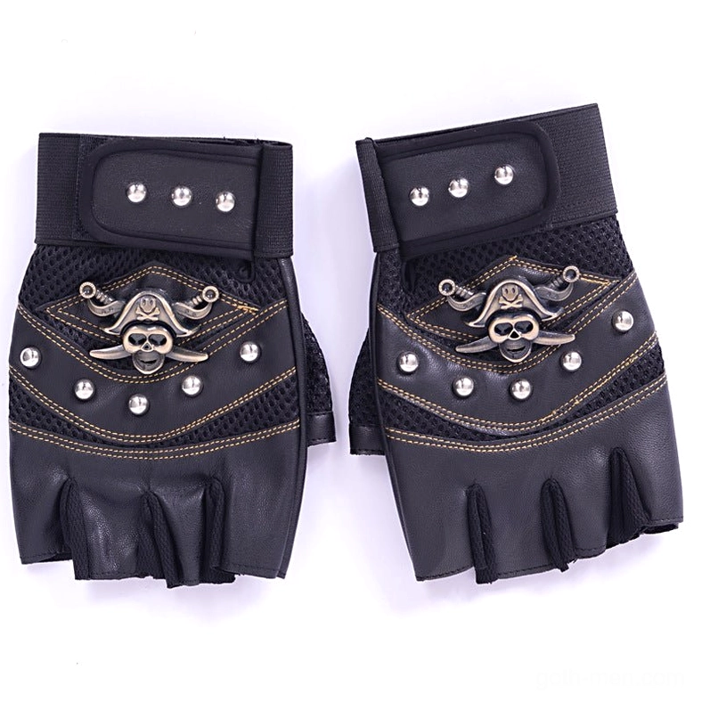 All-black skull rivet fingerless gloves with precision stitched leather seams and polished silver metal hardware details