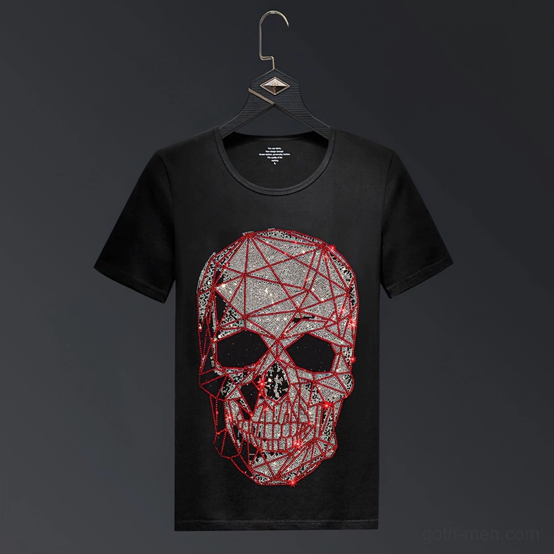 Black crew neck t-shirt on display hanger, front view geometric skull rhinestone design, gothic darkwave style