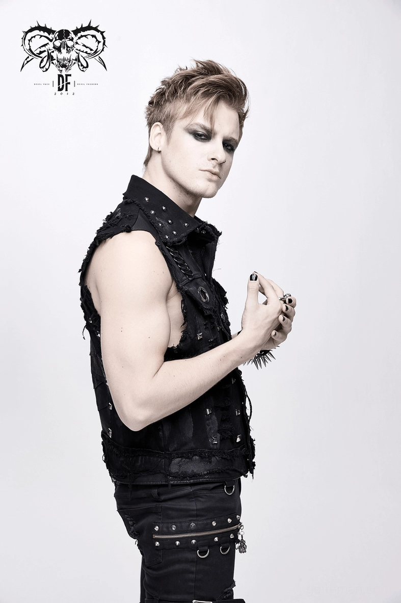 Overall styling view of black skull print gothic waistcoat demonstrating alternative fashion aesthetic