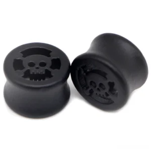 Black carved skull wood ear gauges tunnel plugs in multiple sizes 8mm to 20mm, matte finish gothic body jewelry for stretched ears