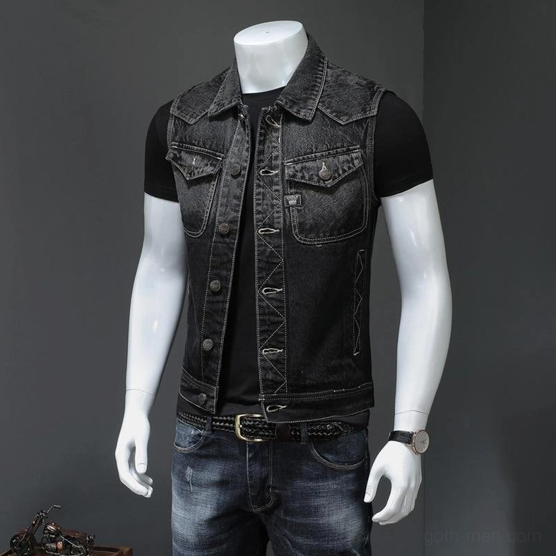 Black sleeveless gothic denim vest detail shot emphasizing craftsmanship, stitching, and premium button hardware