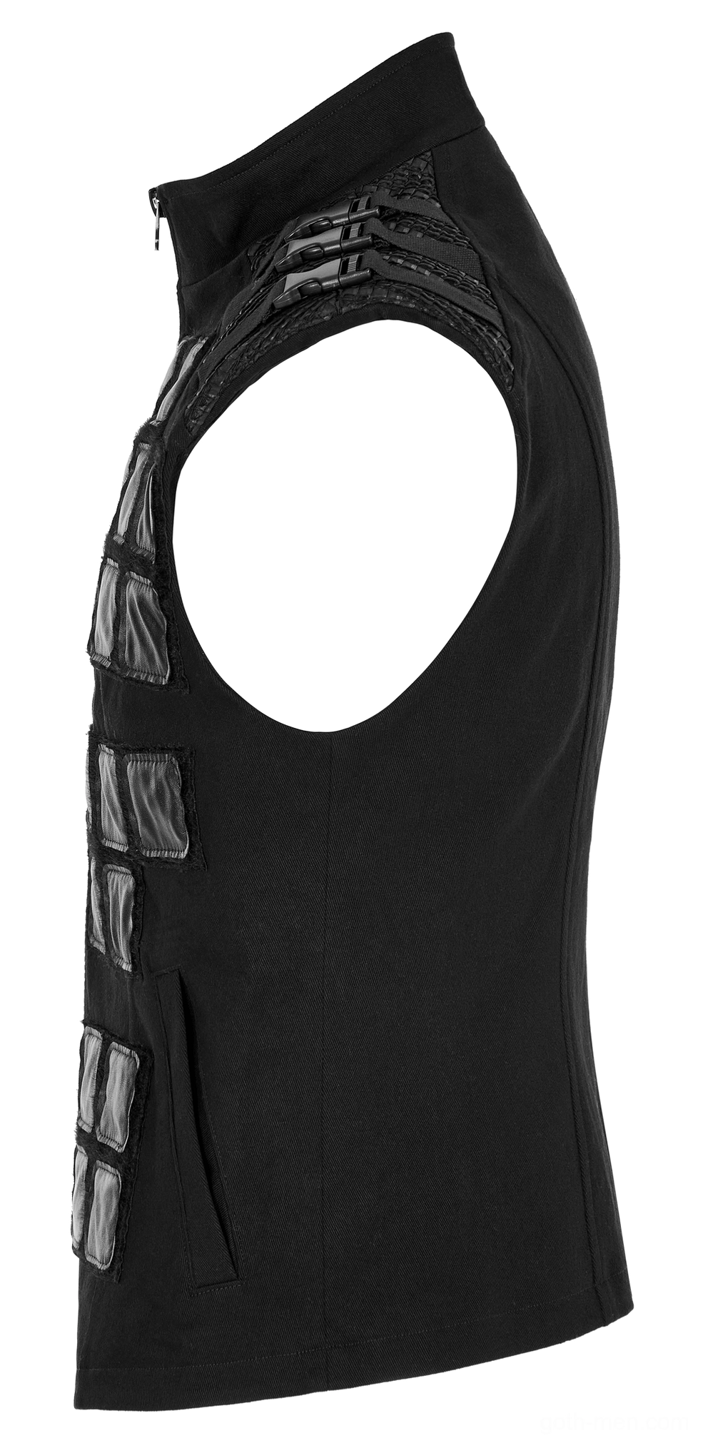 Black sleeveless tactical armor vest side profile flat lay showing armhole design and side pocket details