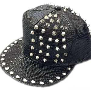 Black snakeskin gothic baseball cap with silver cone spikes and round studs, front 3/4 view