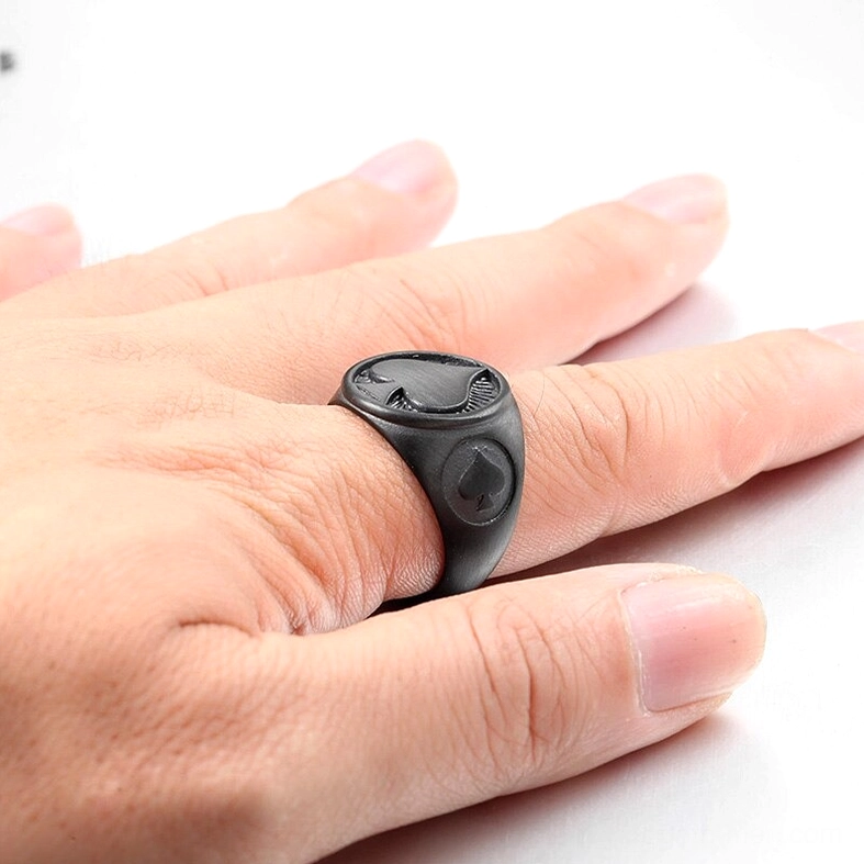 Black matte gothic spade signet ring on finger, close-up index finger placement