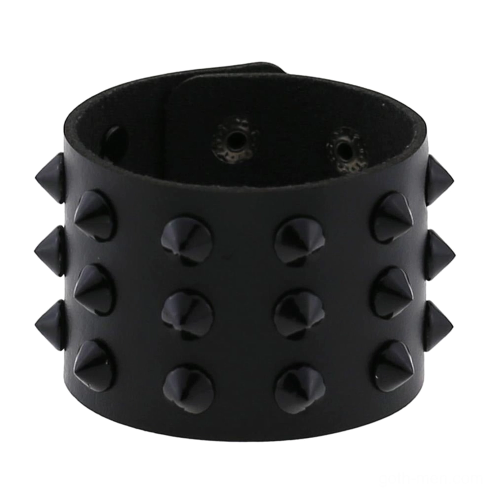 Black vegan leather spike studded bracelet front view featuring triple rows of cone metal spikes