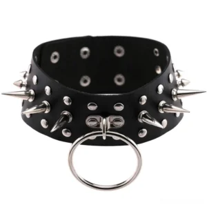 Black leather gothic spike choker back flat lay display showing spike arrangement and band construction