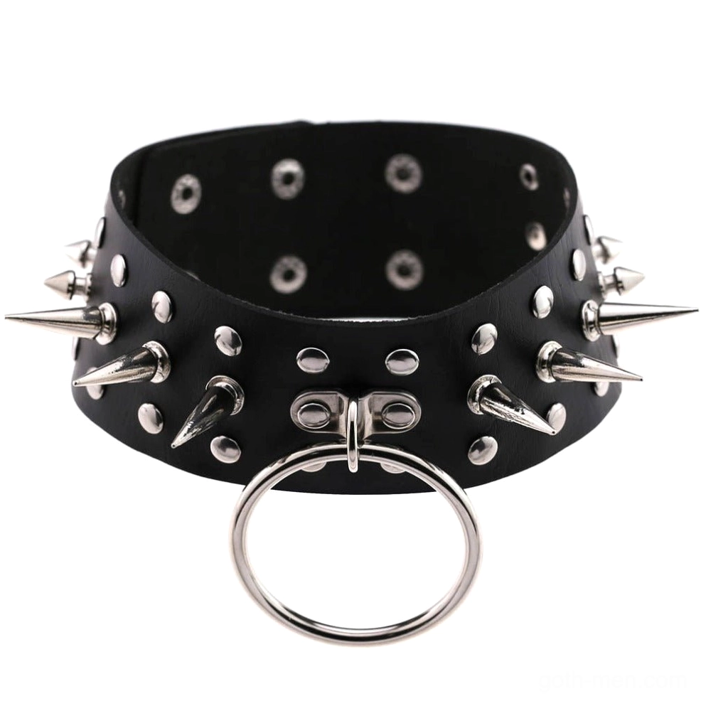Black leather gothic spike choker back flat lay display showing spike arrangement and band construction