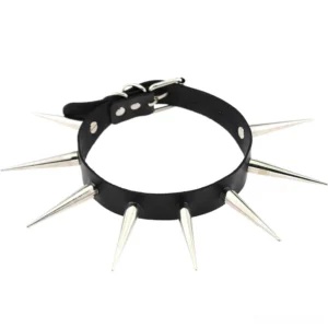 Black leather spiked choker necklace flat lay front view on white background, adjustable buckle and metal spike rivets clearly visible