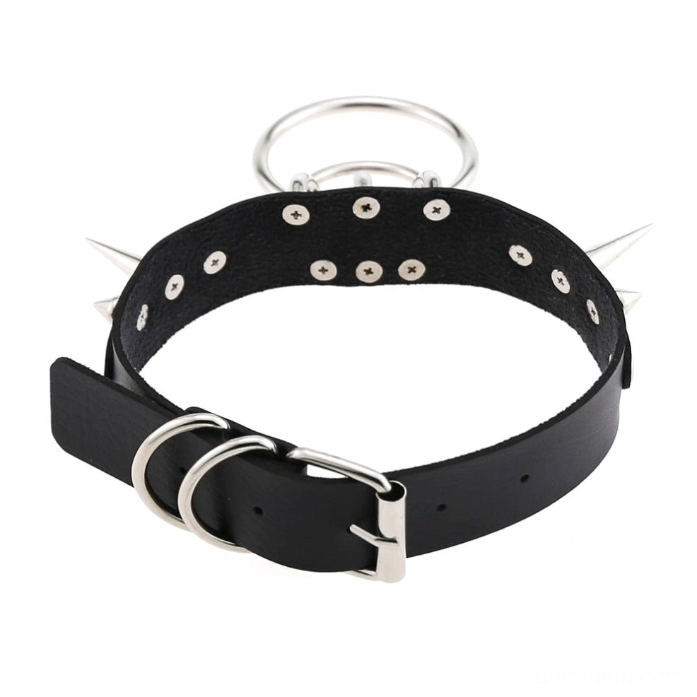 Black leather spiked choker collar with metal O-ring hardware flat lay product photo