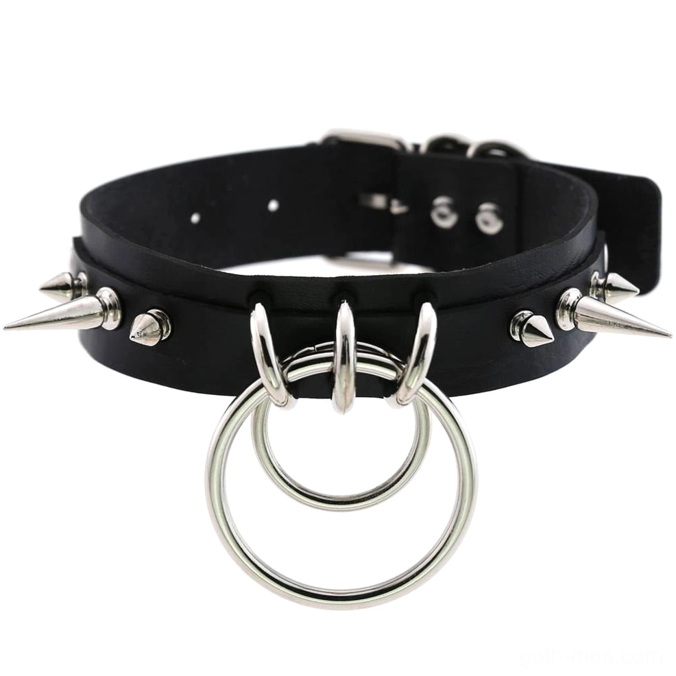 Black spiked PU leather choker with dual O-rings and adjustable metal spike embellishments