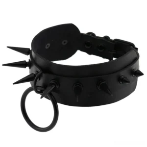 Black spiked leather gothic choker with metal O-ring and adjustable buckle - side front view