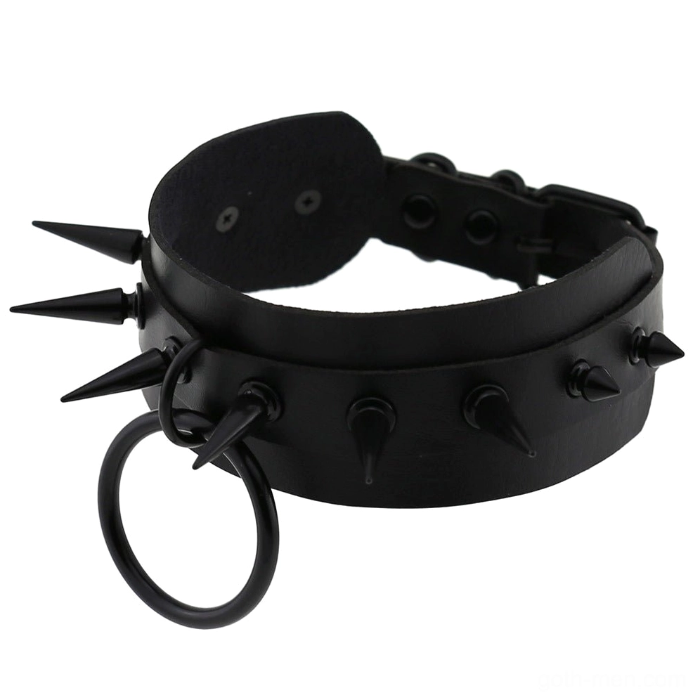 Black spiked leather gothic choker with metal O-ring and adjustable buckle - side front view